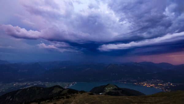 Wallpaper Nighttime, Mobile, River, Clouds, During, Desktop, Under, View, Nature, Blue, Mountains, White, City, Beautiful, Sky