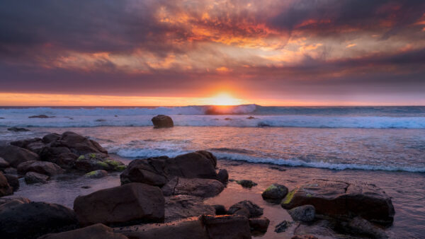 Wallpaper Desktop, White, Mobile, During, Sky, Black, Stones, Ocean, Sunset, Nature, Rocks, Under, Clouds, Waves