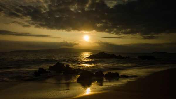 Wallpaper Sea, Under, Blue, Sand, Reflection, Nature, Sky, Clouds, Black, Mountains, Mobile, Desktop, Beach, Moon