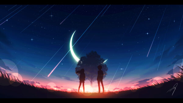 Wallpaper Girl, Sky, Starry, Anime, Woman, Falling, Nighttime, Man