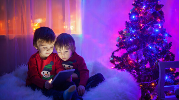 Wallpaper Tablet, Red, Sitting, Cloth, Near, Decorated, Are, Cute, Tree, White, Wearing, Christmas, Boys, Seeing, Two, Fur, Dress