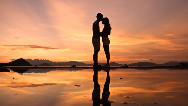 Wallpaper Girl, Water, Couple, Background, Forehead, Silhouette, Kissing, Reflection, Man
