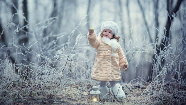 Wallpaper Girl, Blur, Winter, Fur, Little, Wearing, Standing, Cute, Overcoat, Hat, Muffler, Background, Forest