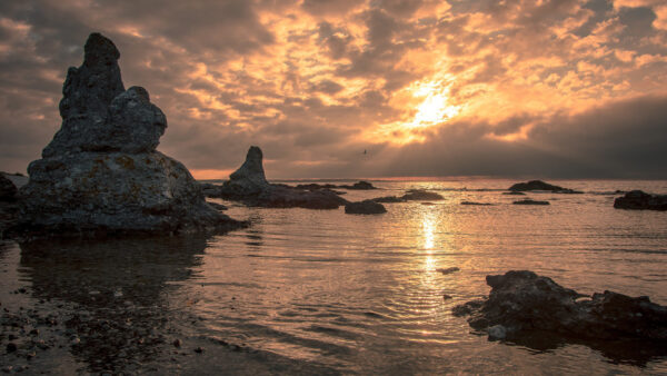 Wallpaper White, Sunset, Under, Reflection, Rocks, Sky, Clouds, During, Black, Water, Stones, Ocean