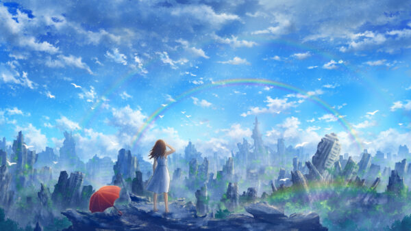 Wallpaper Under, Rainbow, Rock, Clouds, Standing, Anime, Sky, Background, Blue, Girl