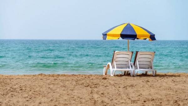 Wallpaper Sky, Two, Beach, Chairs, Blue, White, Waves, Sand, Umbrella, Under, Desktop, Mobile, Ocean, Nature