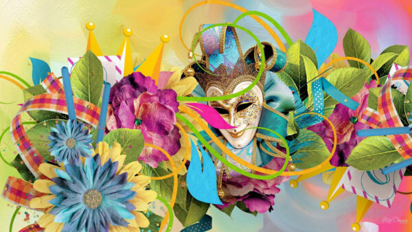Wallpaper Mask, And, With, Leaves, Gras, Flowers, Mardi