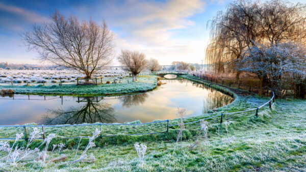 Wallpaper Sky, Above, White, Between, Nature, Bridge, Grass, Clouds, Frosty, Blue, Trees, And, During, River, Sunrise, Under, Green, Field