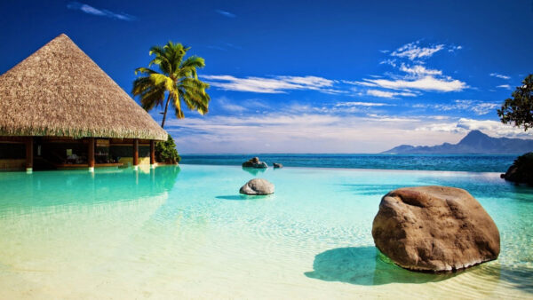 Wallpaper Under, Stones, View, Hut, Bue, Near, Body, Landscape, Water, White, Clouds, Calm, Sky, Mountains, Ocean