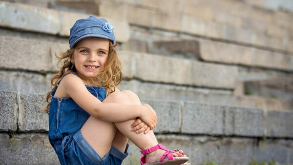 Wallpaper Jeans, Little, Blue, Cap, Smiley, Girl, Background, Dress, Steps, Wearing, Sitting, And, Cute, Stone
