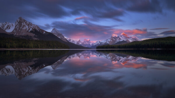 Wallpaper Sunset, Green, Trees, View, Sky, Landscape, Capped, During, Lake, Snow, Rock, Nature, Forest, Under, Mountains, Blue, Reflection