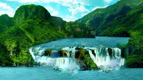 Wallpaper Waterfalls, Tropical, Beautiful, Blue, Clouds, Covered, Nature, Mountains, Sky, Trees, White, Under, Green