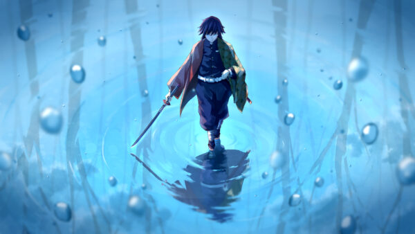 Wallpaper Reflecting, Tomioka, Giyuu, Demon, And, Water, Background, Anime, Slayer, Desktop, With, Bubbles, Blue, Sword