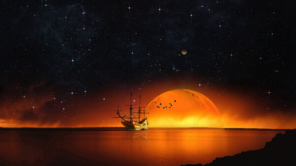 Wallpaper Starry, Sea, Sky, Ship, 4k, Night