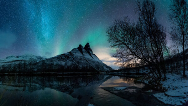 Wallpaper Mountain, Night, Starry, Borealis, Aurora, Desktop, Sky, Reflection, Lake, Under, Winter