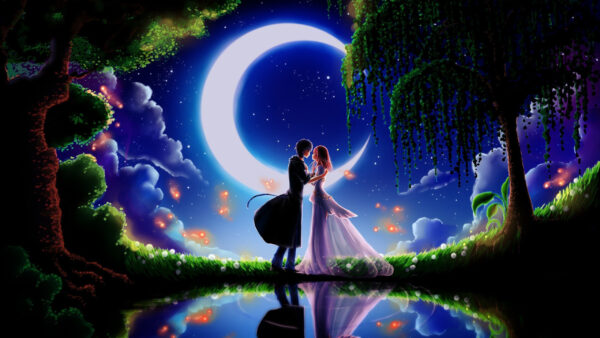 Wallpaper Animation, Love, Couple, Background, Moon, Stars, And, With