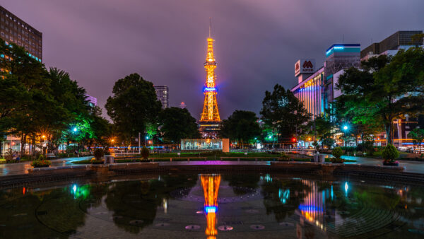 Wallpaper Building, Reflection, Light, Night, Sapporo, Tower, City, Japan, Desktop