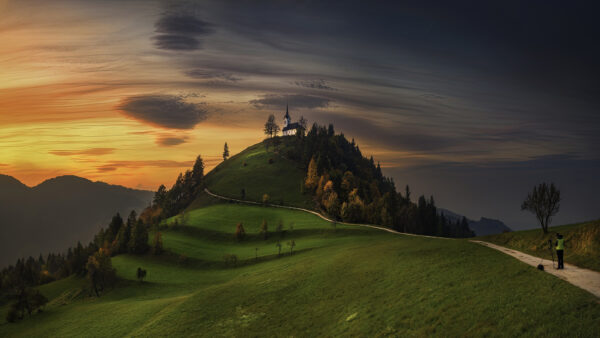 Wallpaper Colorful, Trees, Castle, Nature, Black, Mountain, Sky, Under, Cloudy, Yellow, Slope, Peak, With, Desktop