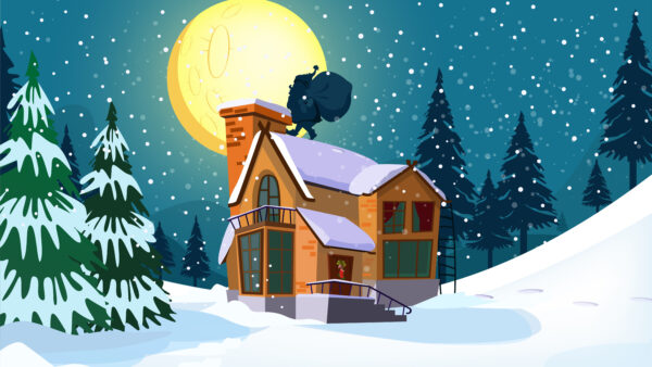 Wallpaper Sky, Claus, Moon, Snow, House, Stars, Tree, Background, Christmas, Santa