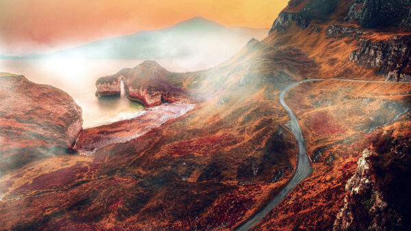 Wallpaper Sea, Fog, Arch, Mountain, Between, During, Rock, Nature, Desktop, With, Fall, Near, Road