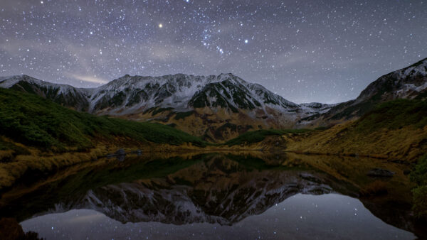 Wallpaper Mountain, Mountains, Under, View, Reflection, Lake, Mobile, Starry, Landscape, Desktop, Covered, Snow, Sky, Greenery, And