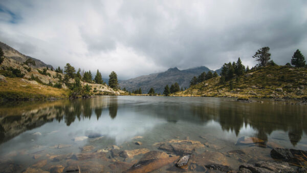 Wallpaper Nature, Landscape, View, Green, Water, Trees, White, Mobile, Under, Sky, Desktop, Mountains, Rocks, Clouds