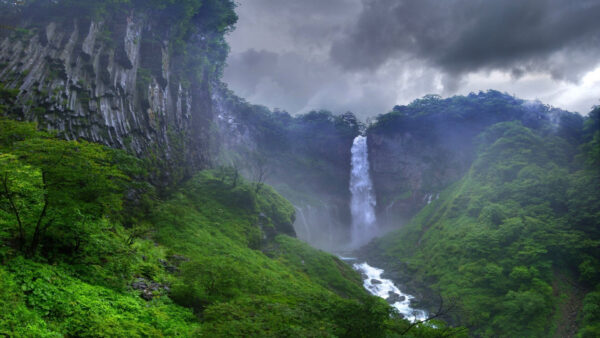 Wallpaper Landscape, Under, From, Green, Clouds, Trees, Waterfall, View, Sky, Rocks, Nature, White, Black