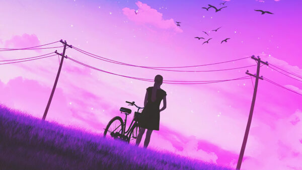 Wallpaper Desktop, Grass, Girl, Standing, Vaporwave, Art, With, Bicycle