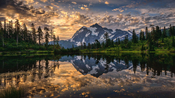 Wallpaper River, Grass, Green, Sky, Covered, Landscape, Trees, Mountains, Snow, Under, Reflection, Field, Nature, View, Blue