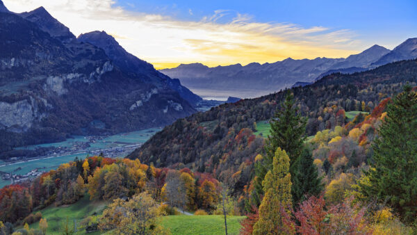 Wallpaper Forest, Sunset, Scenery, Colorful, Mobile, During, Mountains, Village, Nature, Desktop, Sky, Autumn, Aerial, Trees, View, Under, Blue