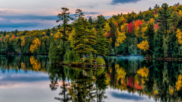 Wallpaper Autumn, Nature, Under, Fall, Yellow, Blue, Green, River, Black, Clouds, Reflection, Trees, Sky