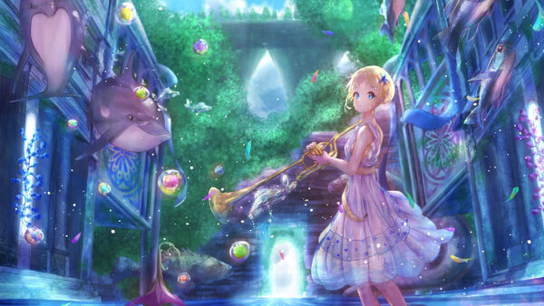 Wallpaper Anime, Musical, Fishes, Instrument, Trees, Girl