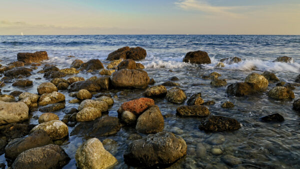 Wallpaper Under, Blue, White, Sky, Brown, Waves, Mobile, Stones, Desktop, Sea, Nature