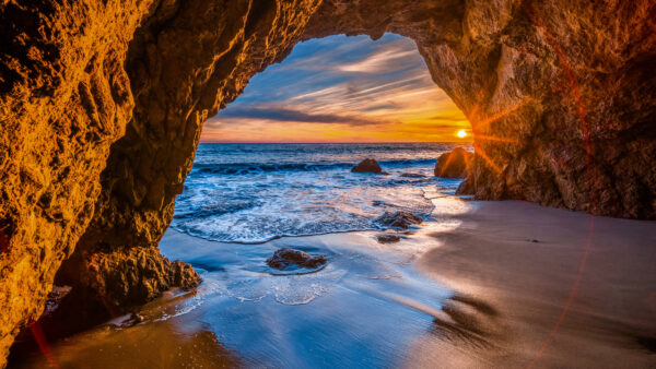 Wallpaper Waves, Sky, Blue, Desktop, Clouds, Rocks, Mobile, Sand, During, Cave, Under, Sunrise, Beach, Black, Ocean, Nature