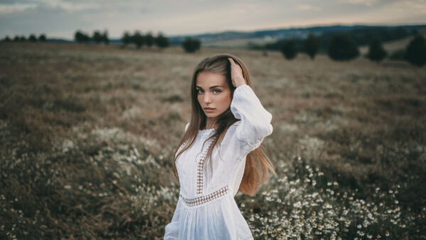 Wallpaper Shallow, White, Girl, Gray, Desktop, Field, Trees, With, Background, Eyes, Dress, And, Model