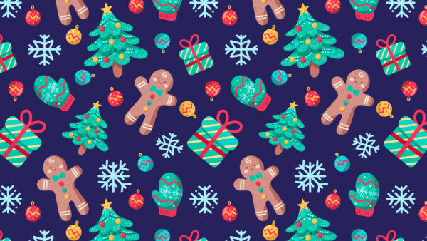 Wallpaper Gingerbread, Blue, Christmas, Snowflake, With, Desktop, Tree, Cookie, Gift, Pattern