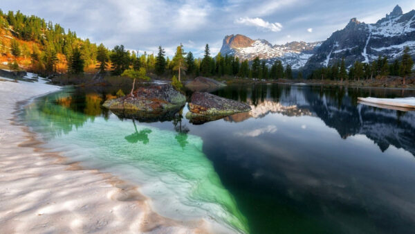 Wallpaper Green, Covered, Stones, Trees, Rocks, Landscape, View, Nature, Mountains, River, And, Reflection, Snow