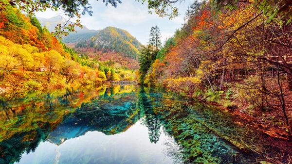 Wallpaper Green, Orange, Red, Slope, Leaves, River, Trees, Reflection, Autumn, Mountain, Nature, Spring, Yellow