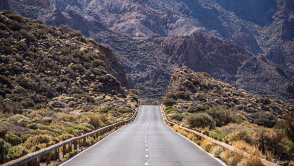 Wallpaper Between, Bushes, Grass, Mountains, Fence, Road, Nature, Green, With