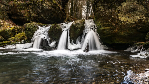 Wallpaper Waterfalls, Between, Rock, Trees, Pouring, Green, Nature, Background, Forest, River