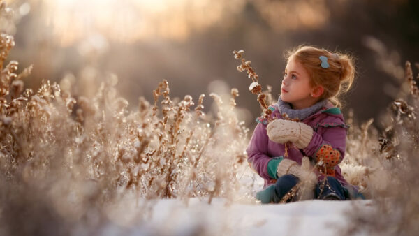 Wallpaper Light, Little, Wearing, Background, Purple, Girl, Flowers, Cute, Blur, Bokeh, White, Dress, Sitting