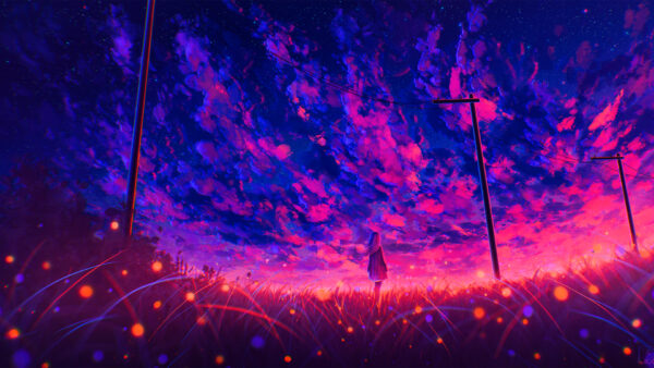 Wallpaper Anime, Blue, Sunset, Gril, Pink, Girl, Sky, Clouds