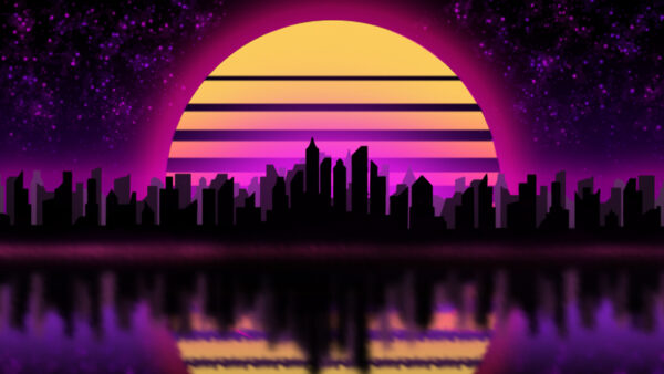 Wallpaper Yellow, Dark, Starry, Synthwave, Buildings, Purple, Pink, Sky, Moon