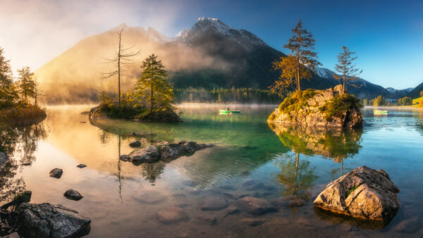 Wallpaper Body, With, Man, Water, Nature, And, Mountain, Boat, Landscape, Covered, Fog, View