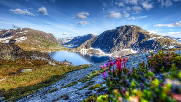 Wallpaper Under, Sky, Desktop, Landscape, Cloudy, Grass, Blue, Covered, With, White, And, Nature, Lake, Mountains