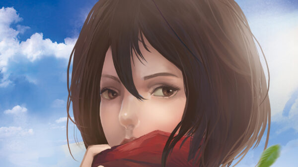 Wallpaper Background, Anime, Brown, And, Red, Attack, Mikasa, Ackerman, Titan, Clouds, Desktop, Sky, Blue, Scarf, Hair, With