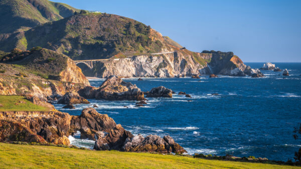 Wallpaper Landscape, Ocean, Rocks, Background, Waves, View, Greenery, Desktop, Nature, Mountain, Blue, Mobile, Sky