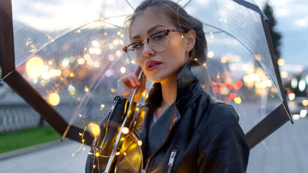 Wallpaper Desktop, Model, Coat, And, Having, Glass, Umbrella, Leather, Black, Girl, With