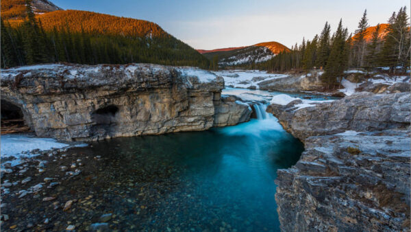 Wallpaper River, Stream, Forest, Covered, Green, Rocks, Trees, Stone, Waterfall, Nature, Snow, Mountains