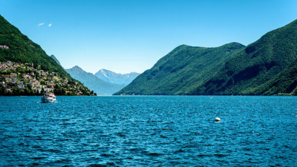 Wallpaper Houses, Nature, Under, Mountains, Slope, Landscape, Buildings, Sky, Boat, Blue, View, Greenery, Mobile, Ocean, Desktop